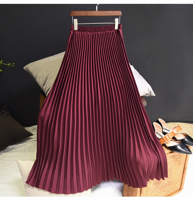 Womens Fashion Pleated Midi Long Skirt Female Korean Japanese Casual High Waist