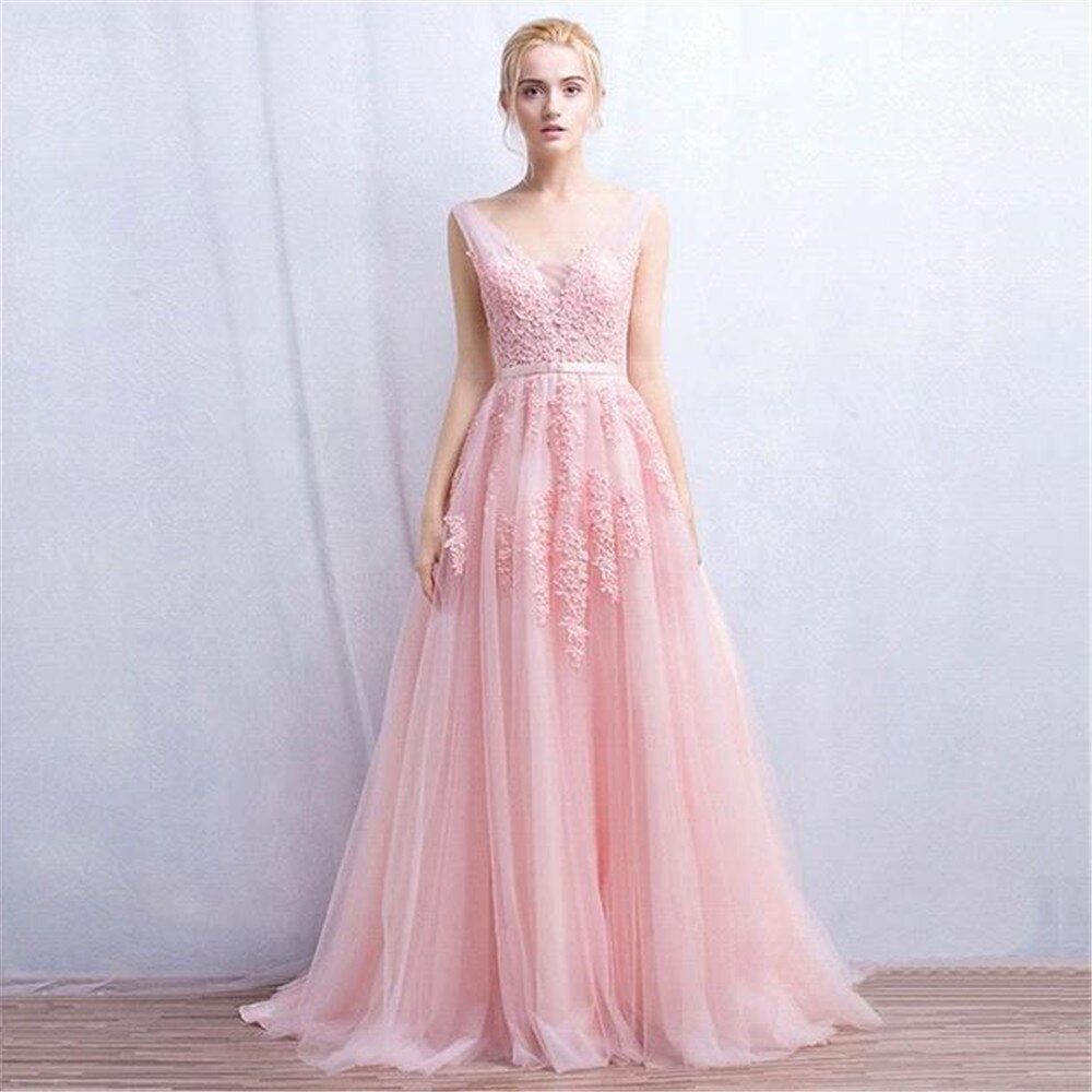 Homecoming Dresses: Women Elegant V Neck Tulle Sleeveless Lace Bridesmaid Dress