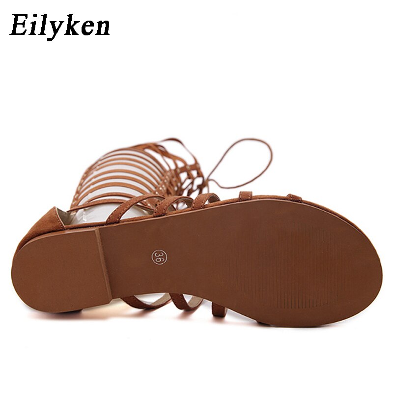 Leather Women Sandals Strappy Open toe Knee Summer Gladiator Flat Sandals
