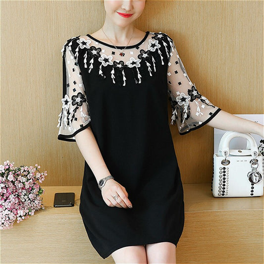 Fashion Elegant Patchwork Floral Lace Chiffon Dress Flare Short Sleeve Black