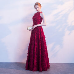 Evening wear Dresses: Burgundy Elegant Long Evening Dress Lace Feather