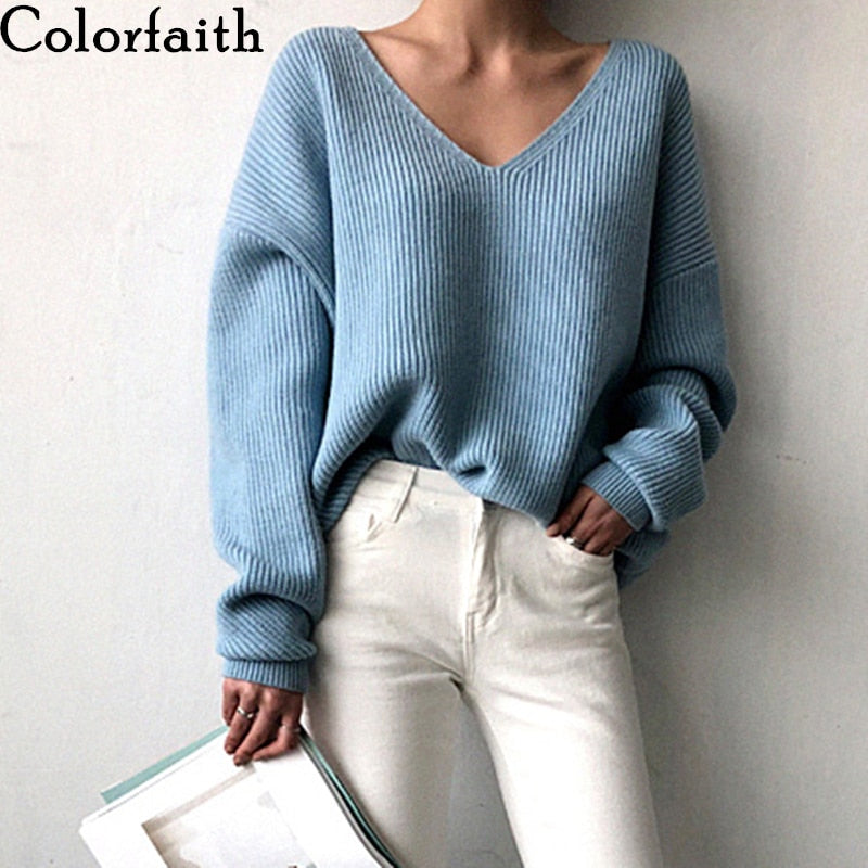 Colorfaith Winter Spring Women's Knitwear V-Neck Minimalist Tops