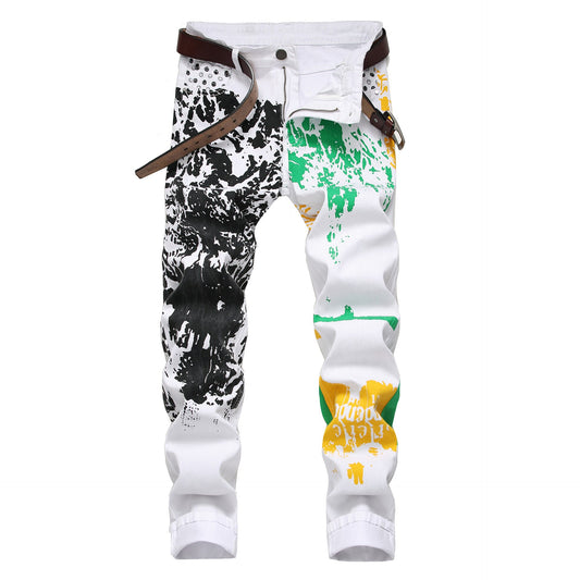 Fashion Painted Denim Slim Fit White Jeans Men Hip Hop Elastic Casual