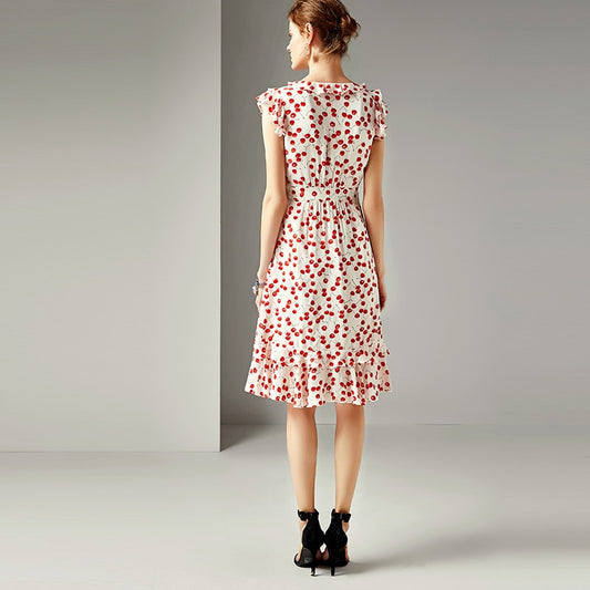 spring and summer women fashion V-neck ruffled waist slimming