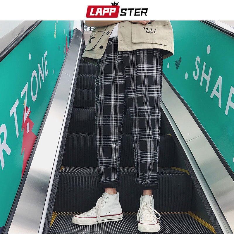 Streetwear Yellow Plaid Pants Men Joggers Man Casual Straight Harem Pants Men