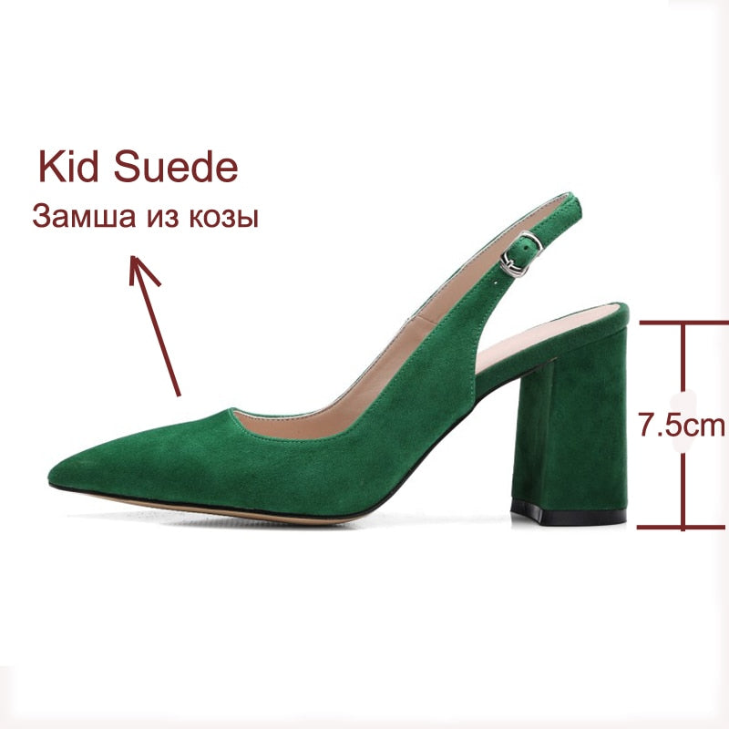 Women Shoes Kid High Heels Pointed Toe Slingbacks Thick High Heel