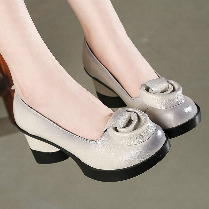Spring Women Pumps Retro Lady 7CM High Heels Slip On Flower Pumps Handmade