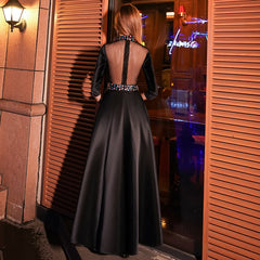 Evening wear Dresses: Black Evening Dress Long A-line Party Dress Crystal Half