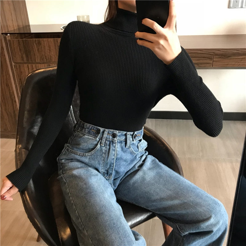 Winter Thick Sweater Women Knitted Ribbed Pullover Sweater Long Sleeve
