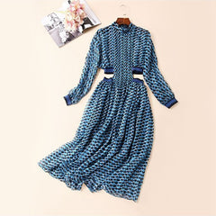 Print Dress For Women Stand Collar Long Sleeve High Waist Hollow Out Midi Dresses