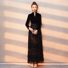 Evening wear Dresses: Evening Dress Banquet Black Velour with Stripe