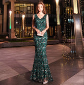 Evening wear Dresses: Green Tasse Evening Dresses Long Mermaid V-Neck