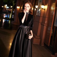 Evening wear Dresses: Black Evening Dress Long A-line Party Dress Crystal Half