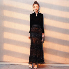 Evening wear Dresses: Evening Dress Banquet Black Velour with Stripe