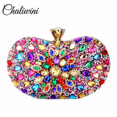 Evening Diamond Two Side Floral Woman Clutch Bag Multi Crystal Sling