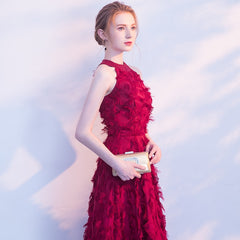 Evening wear Dresses: Burgundy Elegant Long Evening Dress Lace Feather