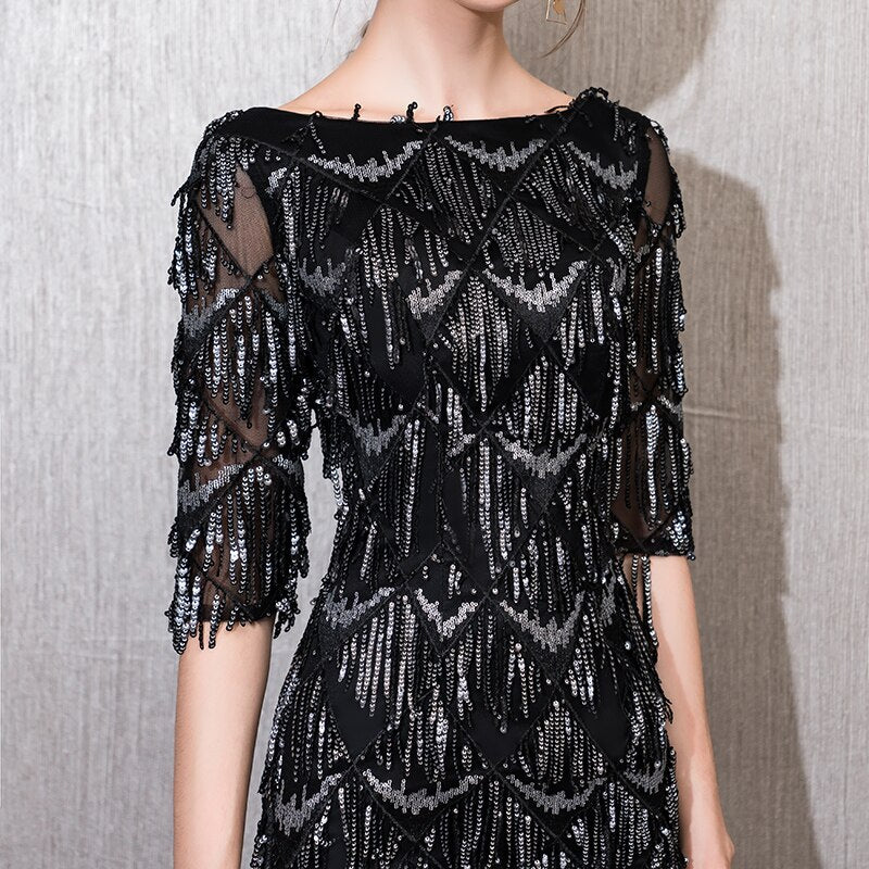 Evening wear Dresses: Half Sleeves Evening Dress Straight Sequin Elegant Women