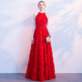 Evening wear Dresses: Burgundy Elegant Long Evening Dress Lace Feather