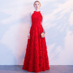 Evening wear Dresses: Burgundy Elegant Long Evening Dress Lace Feather