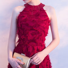 Evening wear Dresses: Burgundy Elegant Long Evening Dress Lace Feather