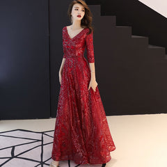 Evening wear Dresses: Red Evening Dresses Long Elegant V-neck A-line