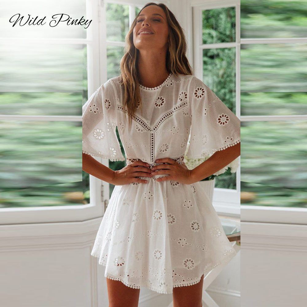 Flare sleeve cotton white lace dress Women casual ladies dress Summer