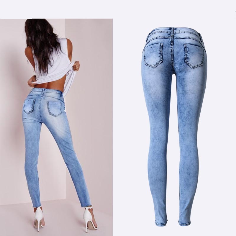 Summer Style Low Waist Sky Blue Patchwork Skinny Tights Women Pencil Jeans