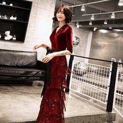 Evening wear Dresses: Velvet Evening Dresses Long Mermaid V-Neck Formal Dress
