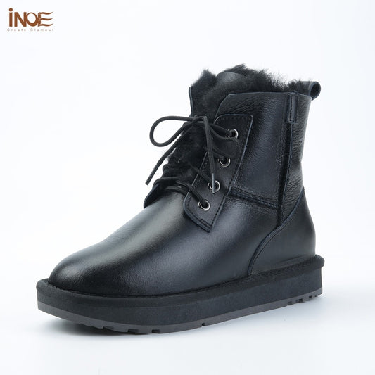 Leather Natural Sheep Wool Fur Lined Casual Ankle Winter Snow Boots for Women