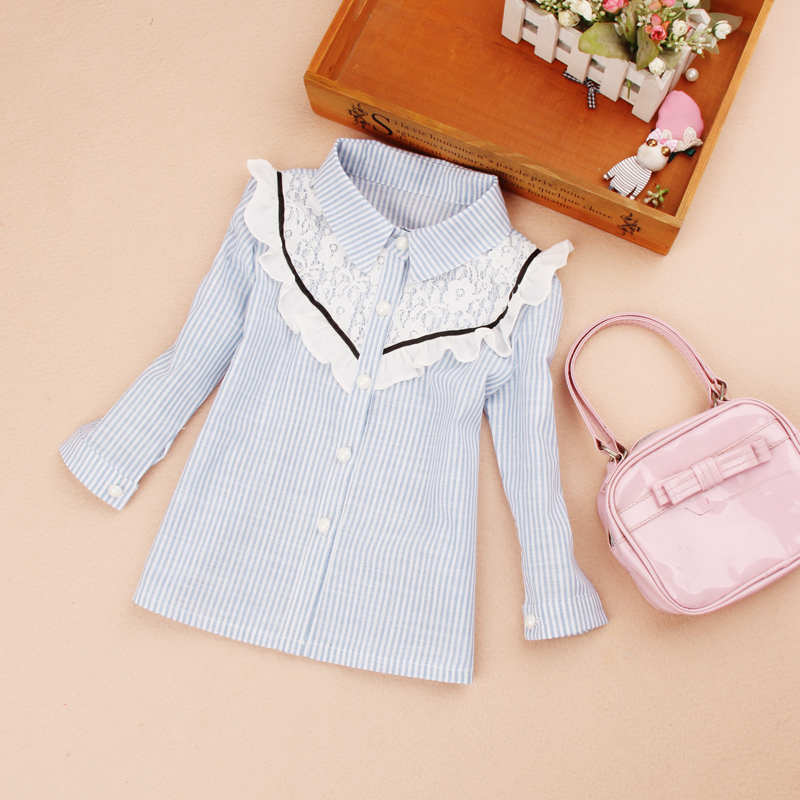 Teenage girls clothes Autumn Kids blue stripe blouses Turn-down collar