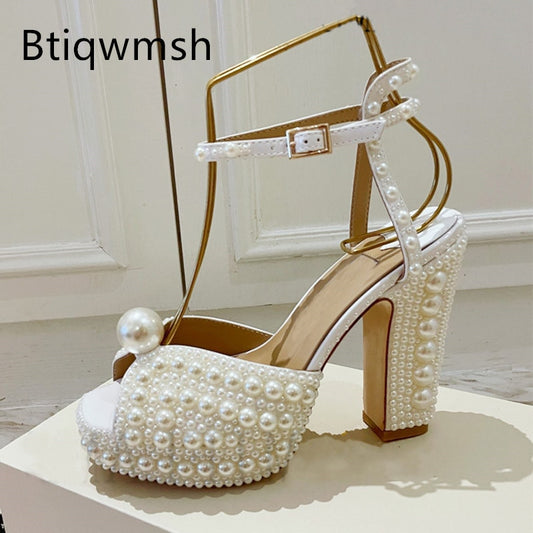 Pearl Platform Sandals Women Open Toe Rhinestone Diamond Square