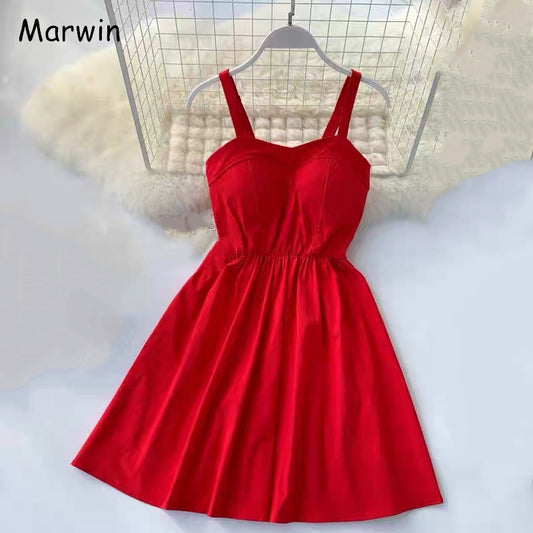 Marwin New-Coming Summer Solid Knee-Length Spaghetti Strap
