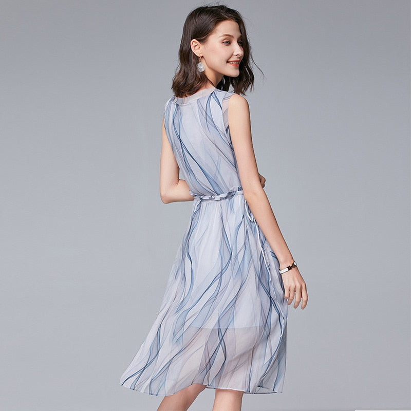 women middle school long sleeveless fungus edge waist drawstring stripe elegant Fairy