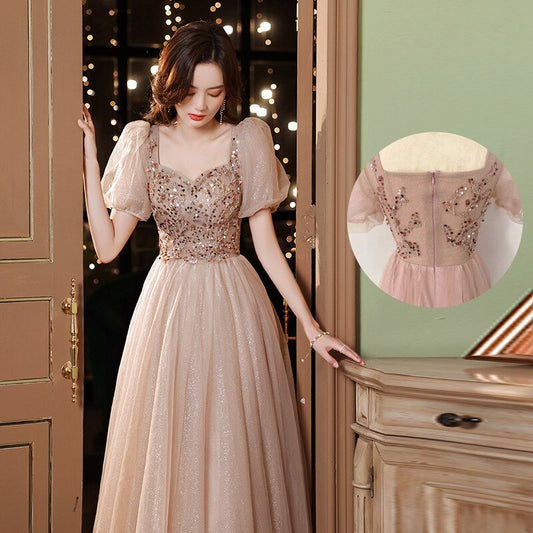 Evening wear Dresses: Women Prom Dress Puff Sleeve Beading Sequins Tulle
