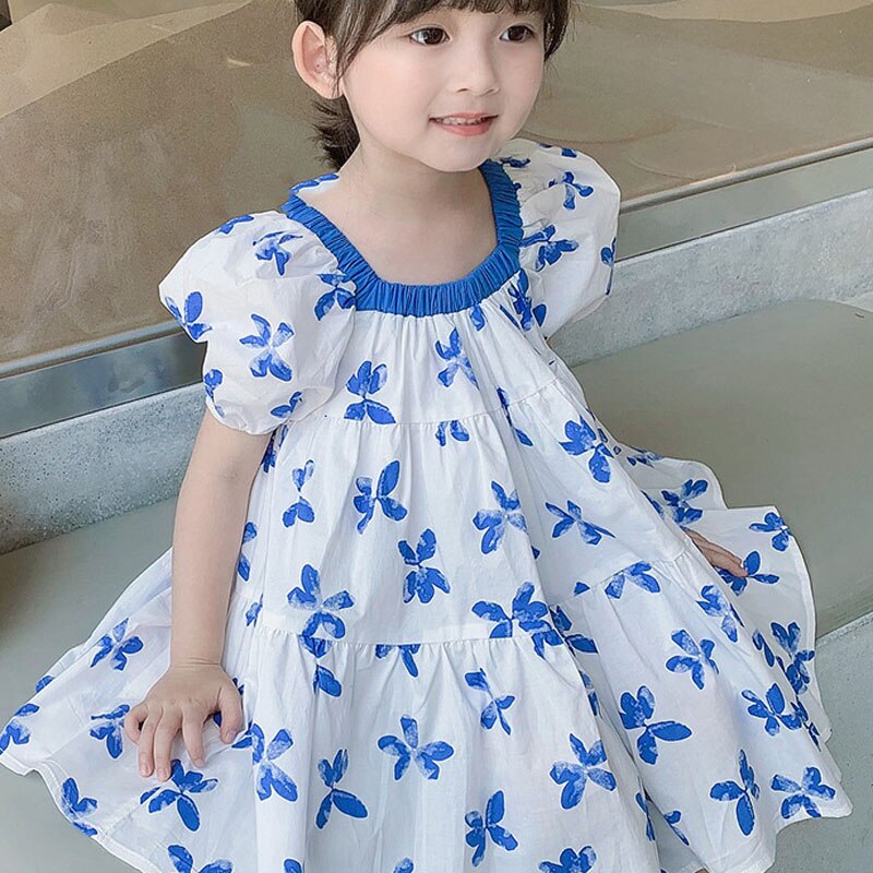 Summer Girls Dress Fashion Puff Sleeve Square Neck Sweet