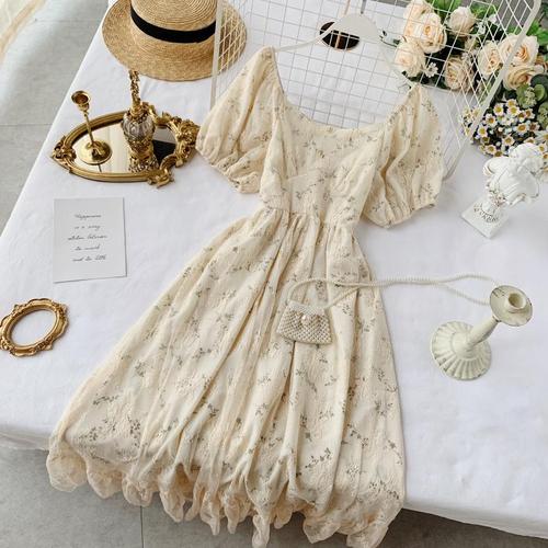 Fairy Dress Women French Style Vintage Retro Chiffon Dress Puff Sleeve Casual