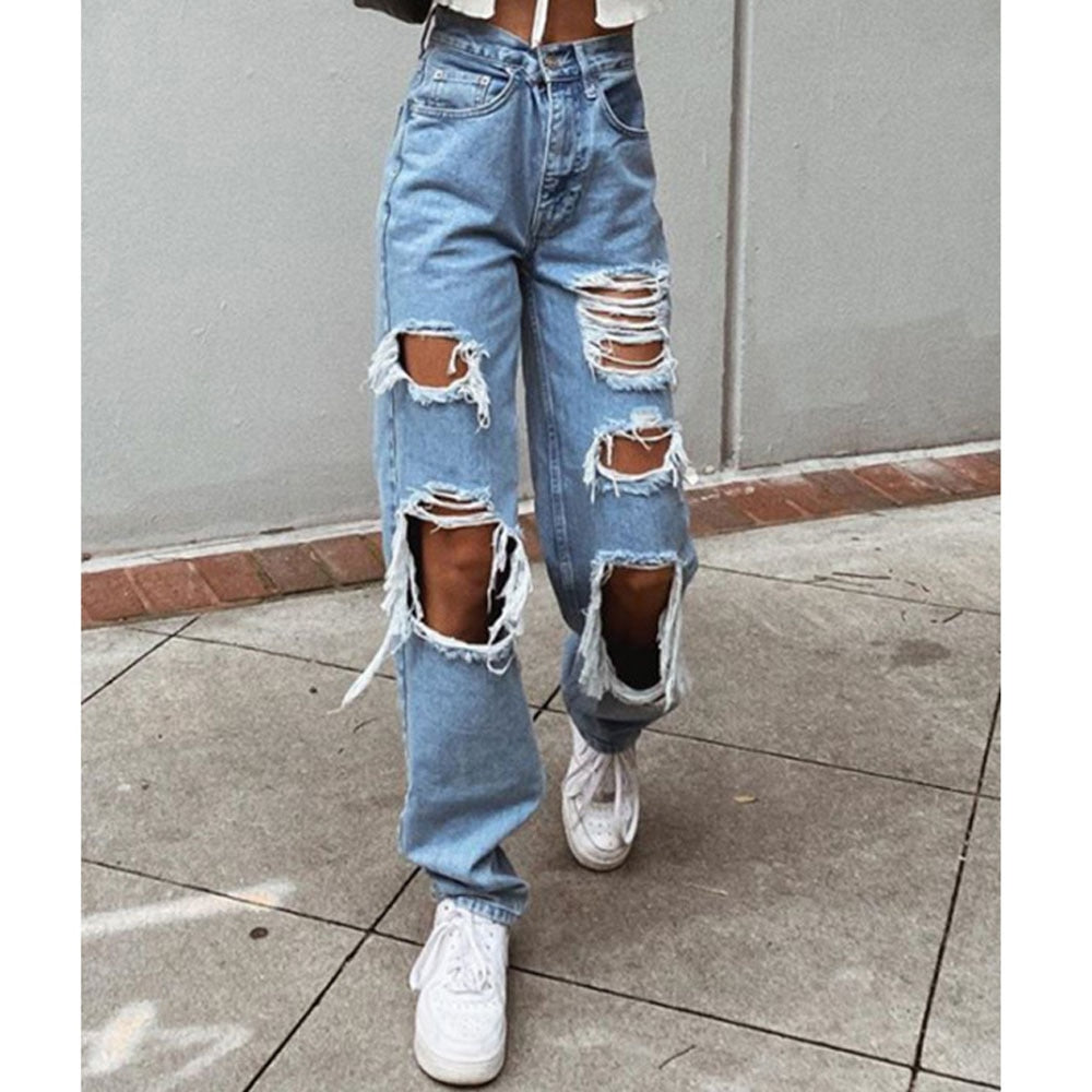 Womens Ripped Loose Fit Jeans Wide Leg For Women High Waist Blue Wash