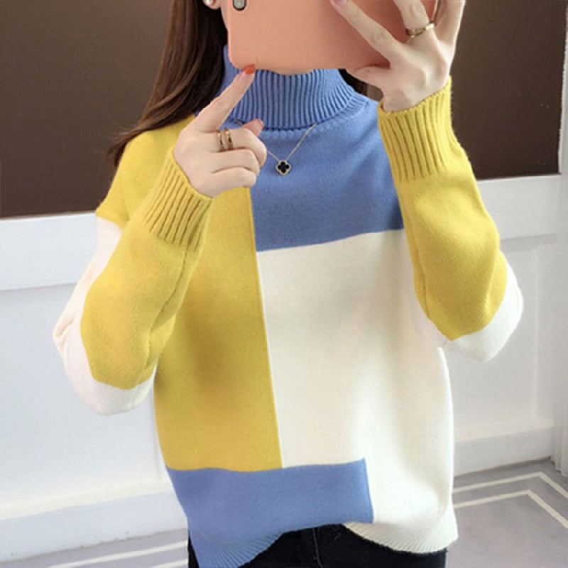 Patchwork Women Pullover Sweater Autumn Loose O Neck