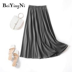 Pleated Midi Skirt Elastic High Waist Sweet Casual Summer Slim