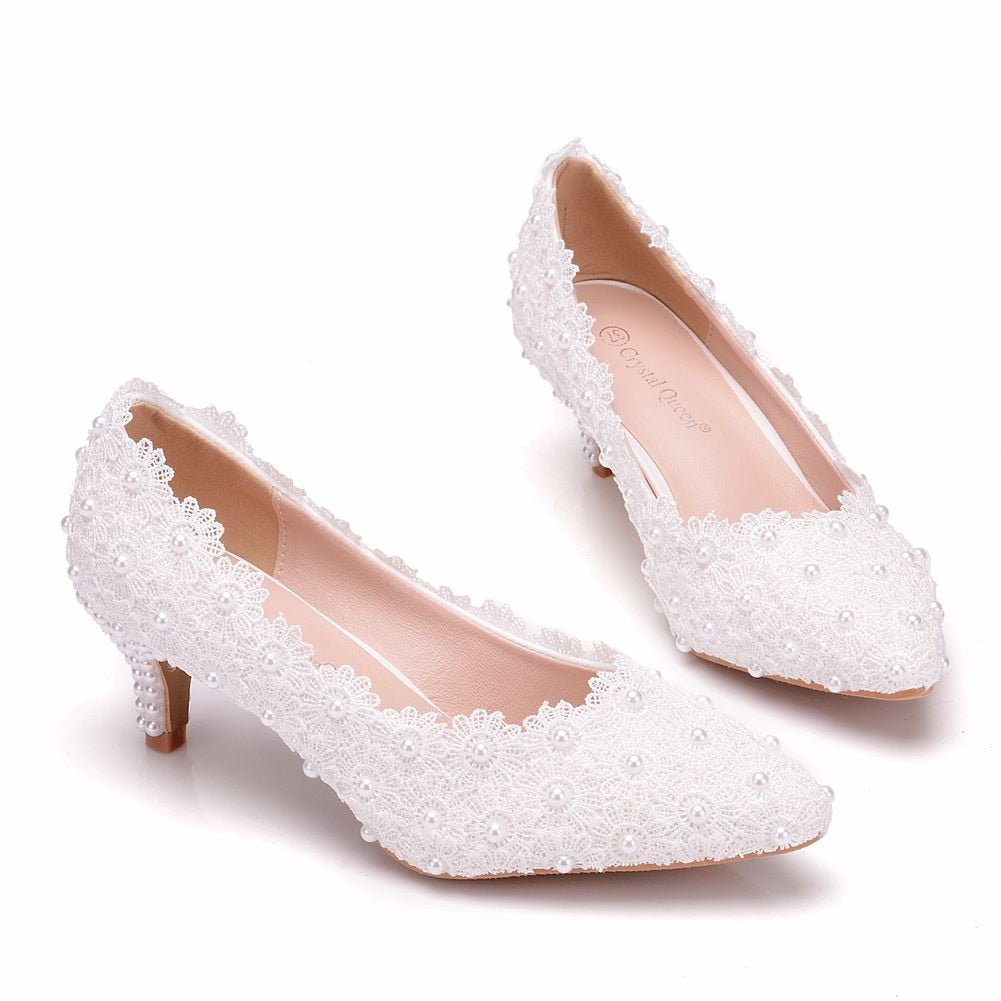 Crystal Queen White Lace Wedding Shoes 5CM Thick kitten Heel Shoes