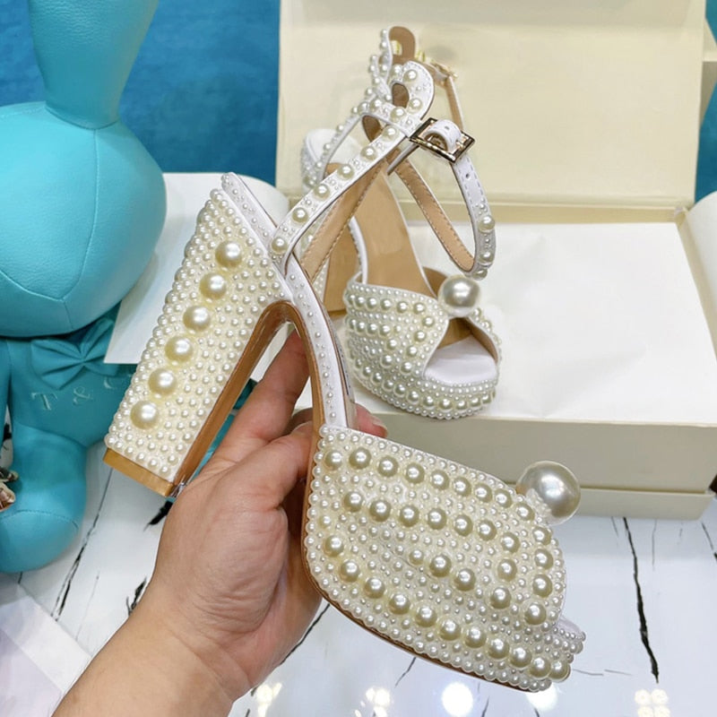 Pearl Platform Sandals Women Open Toe Rhinestone Diamond Square