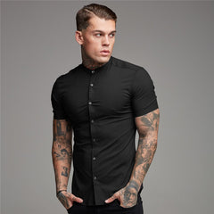 Summer Man Short Sleeve Shirt Solid Fitness Mens Stand