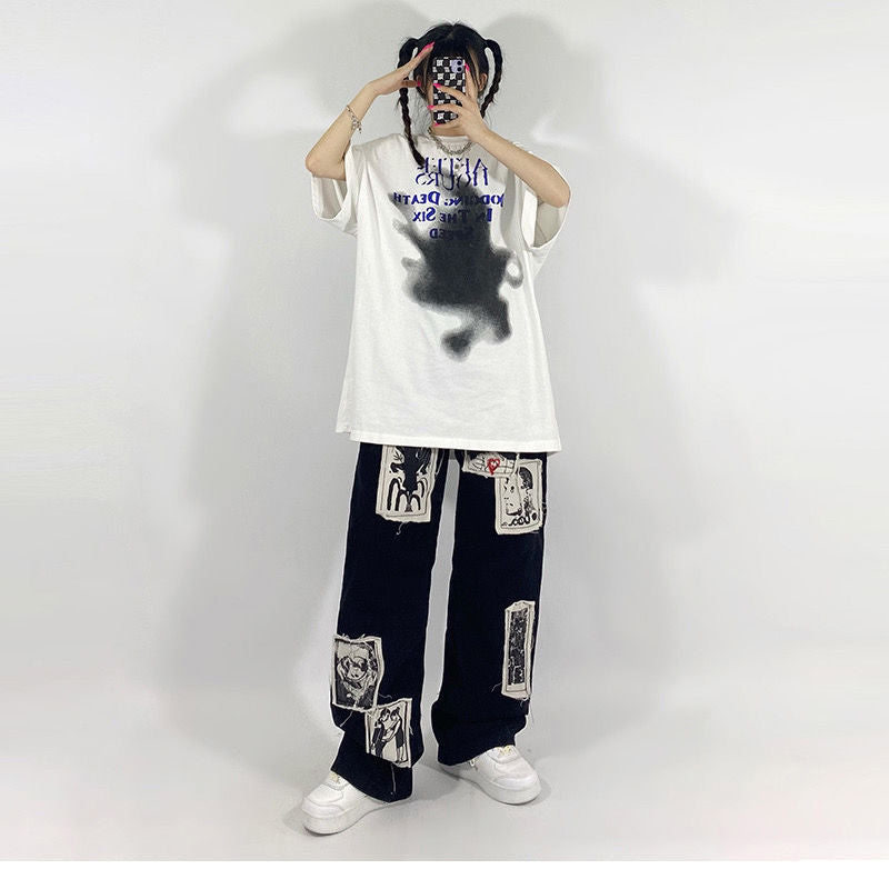 HOUZHOU Grunge Punk Patchwork Black Jeans Women Hip Hop Streetwear Print Oversize Wide Leg Trousers 90s Vintage Fashion Pants
