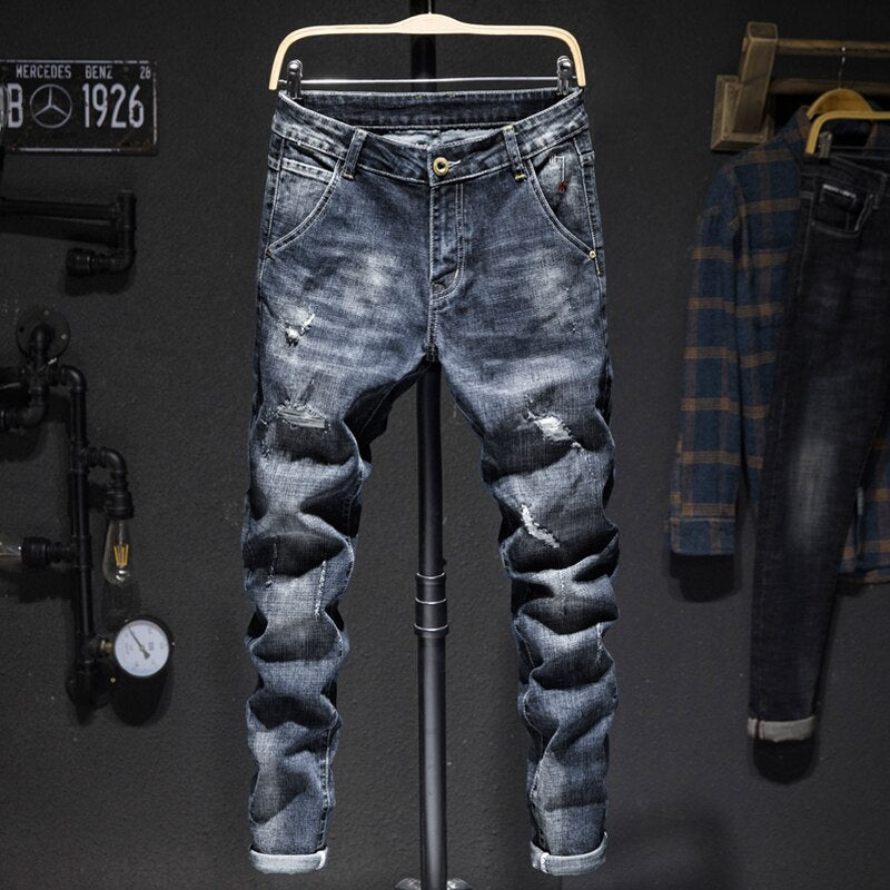 Biker Jeans Men Dark Blue Stretch Slim Fit Ripped Distressed Streetwear Denim