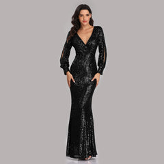 V-neck Mermaid Evening Dress Long Formal Prom Party Gown Full Sequins