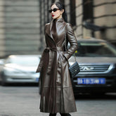Autumn Long Brown Black Soft Faux Leather Trench Coat for Women