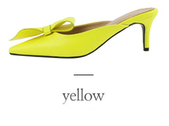Tip-toed high-heeled bow slippers for women in summer wearing thin-heeled
