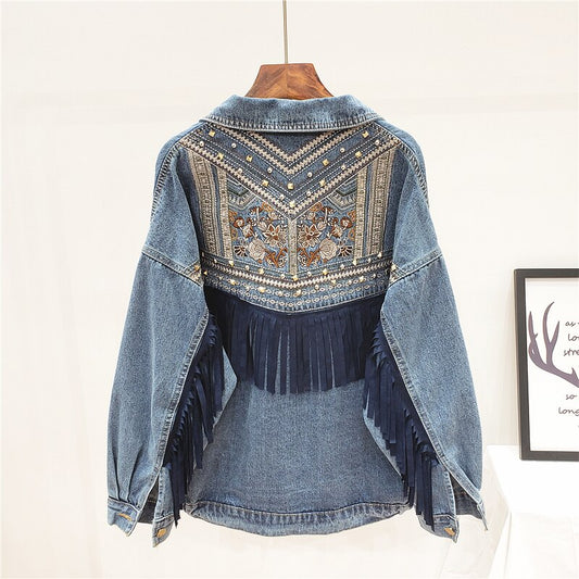 Jacket Spring Vintage Floral Embroidery Fringe Loose Long
