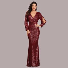 V-neck Mermaid Evening Dress Long Formal Prom Party Gown Full Sequins
