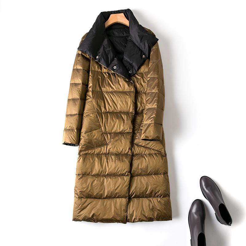 Women Double Sided Down Long Jacket Winter Turtleneck White Down Coat